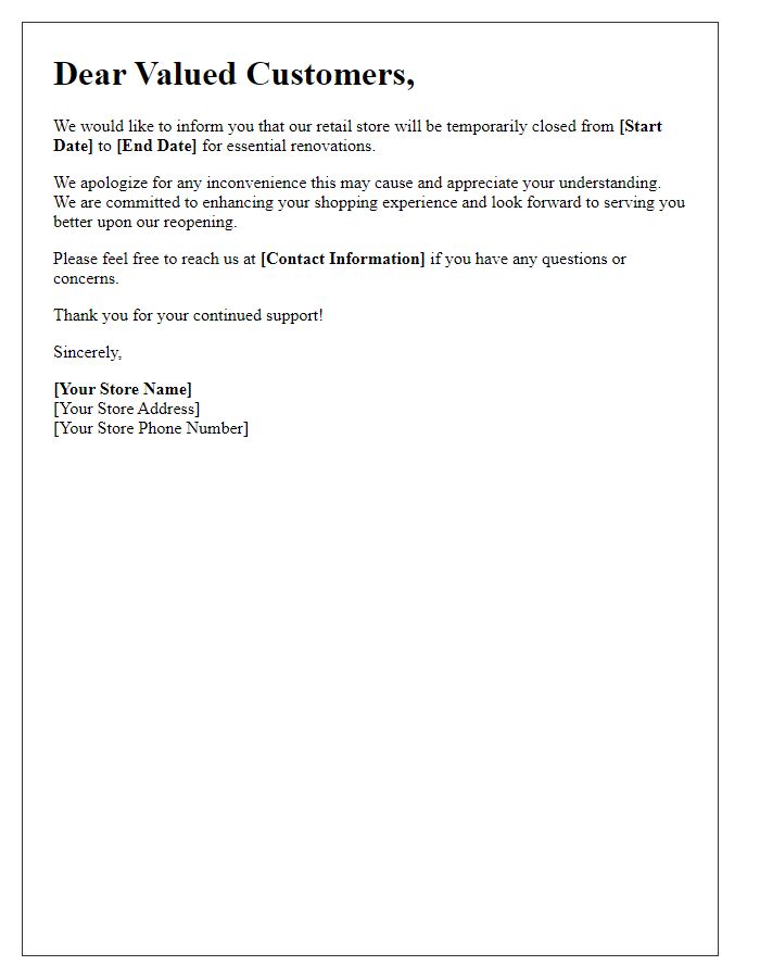 Letter template of retail store short-term closure communication