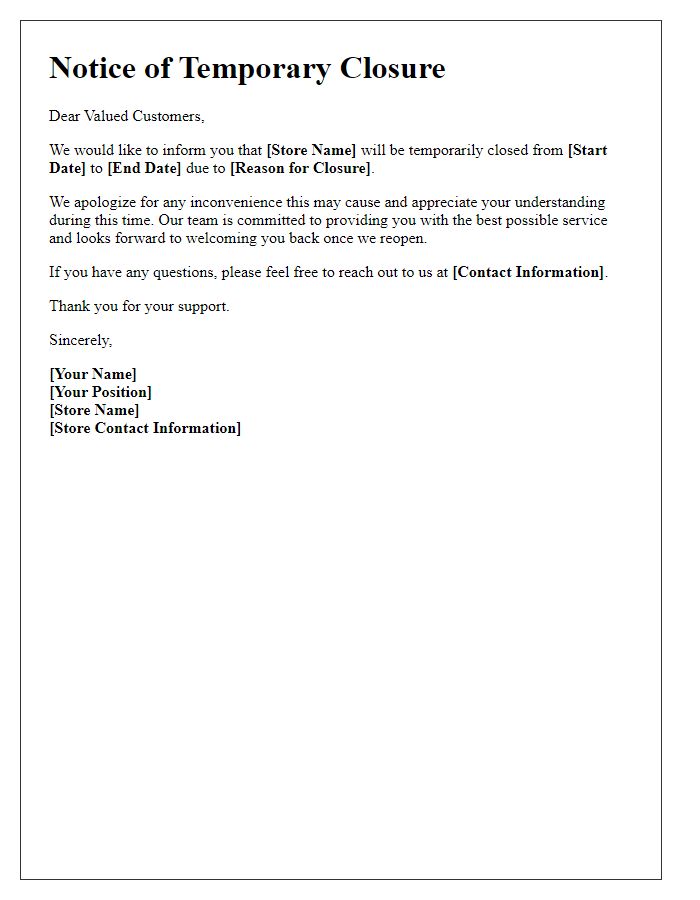 Letter template of retail store temporary closure announcement