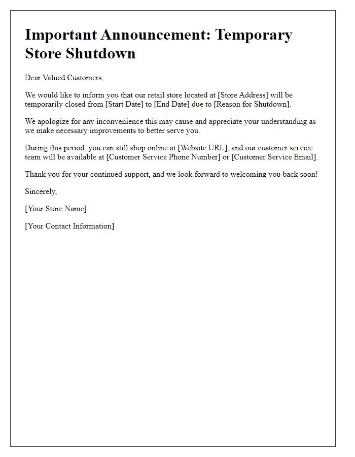 Letter template of retail store temporary shutdown notification