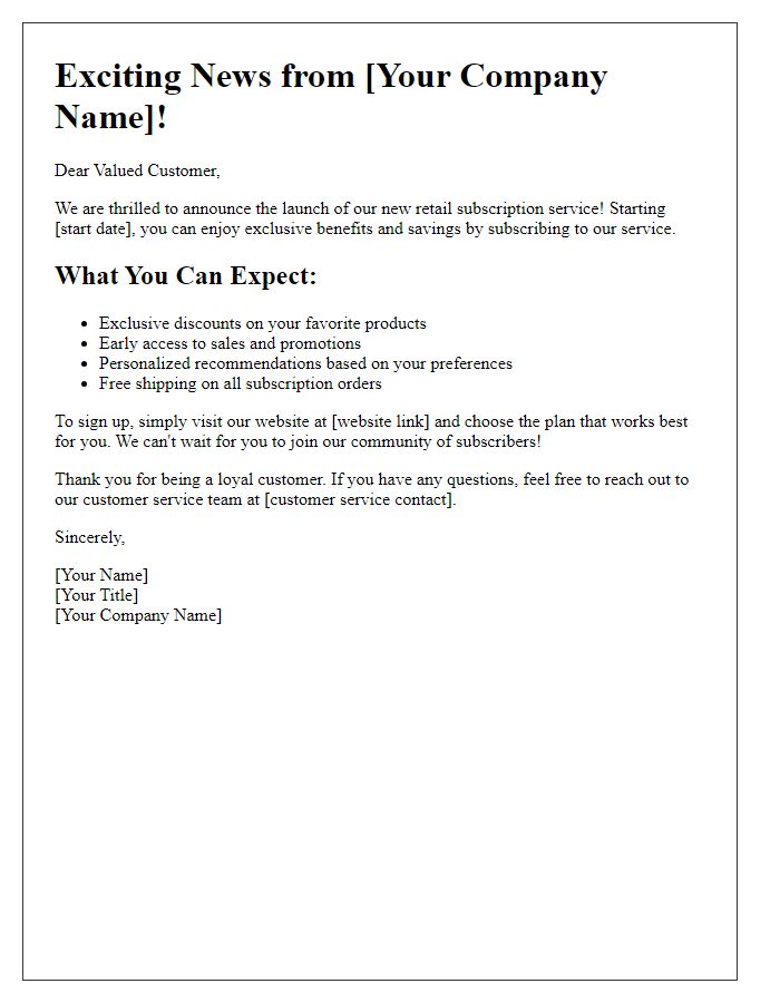 Letter template of retail subscription service announcement to customers