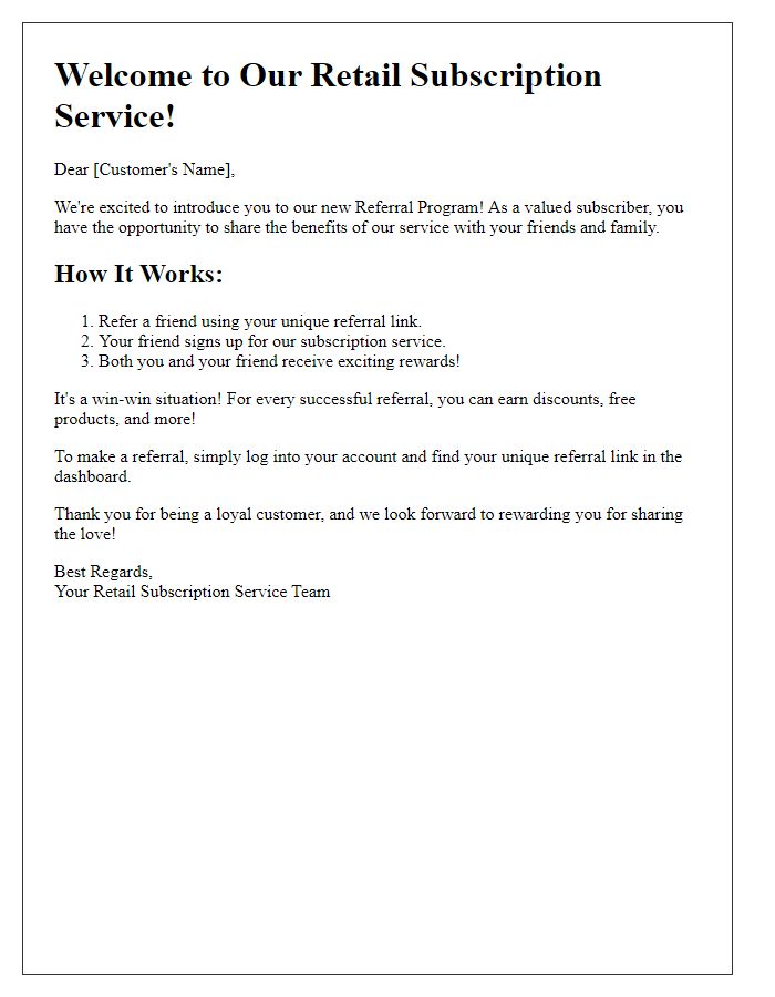 Letter template of retail subscription service referral program introduction