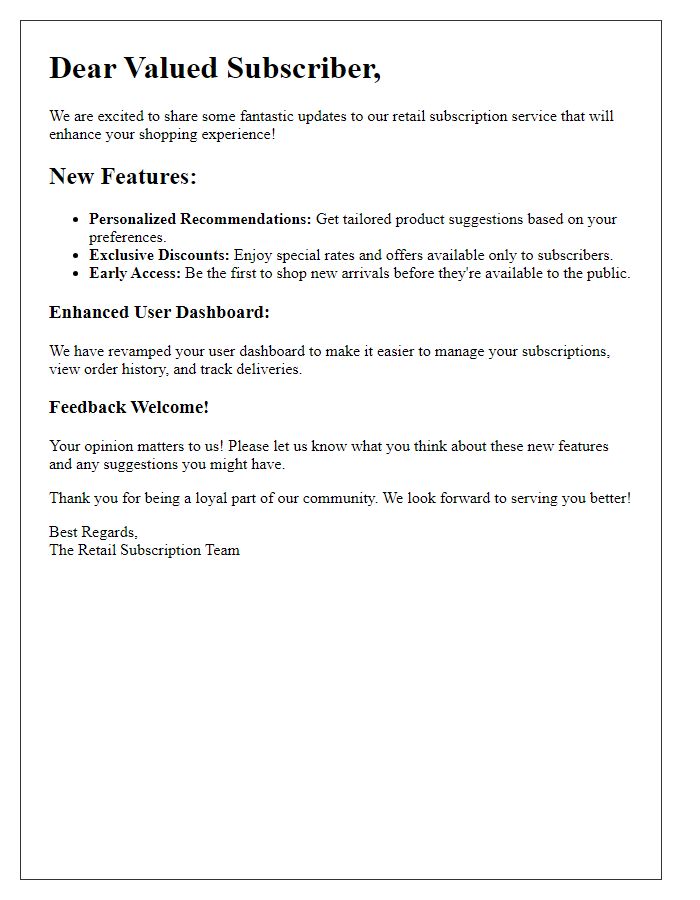Letter template of retail subscription service update on features