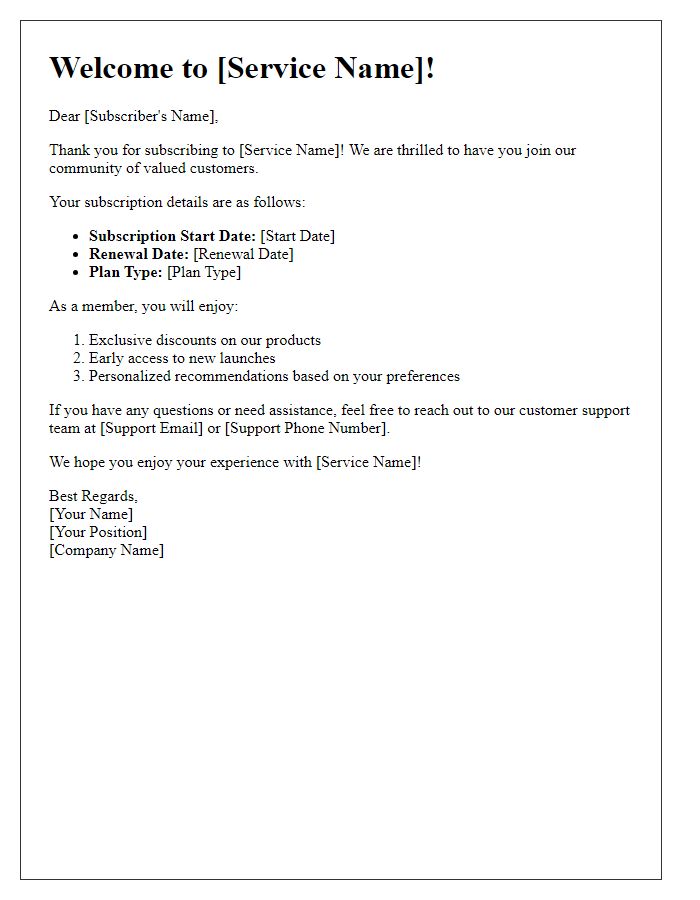 Letter template of retail subscription service welcome email