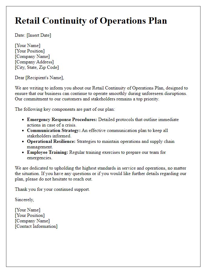 Letter template of retail continuity of operations plan