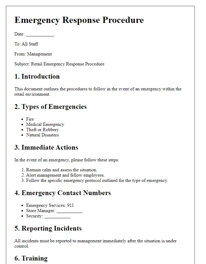 Letter template of retail emergency response procedure