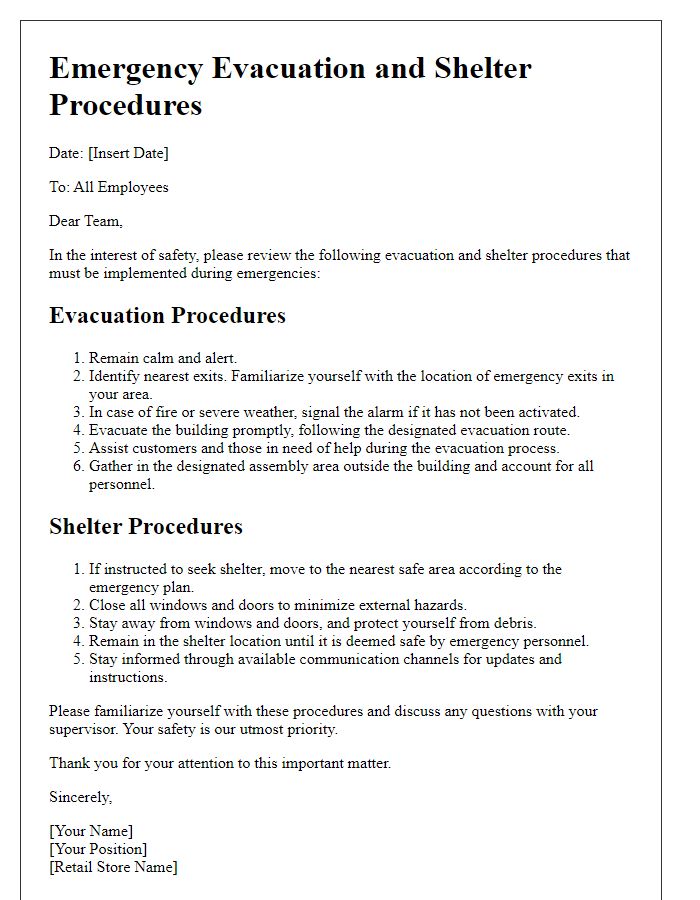 Letter template of retail evacuation and shelter procedures