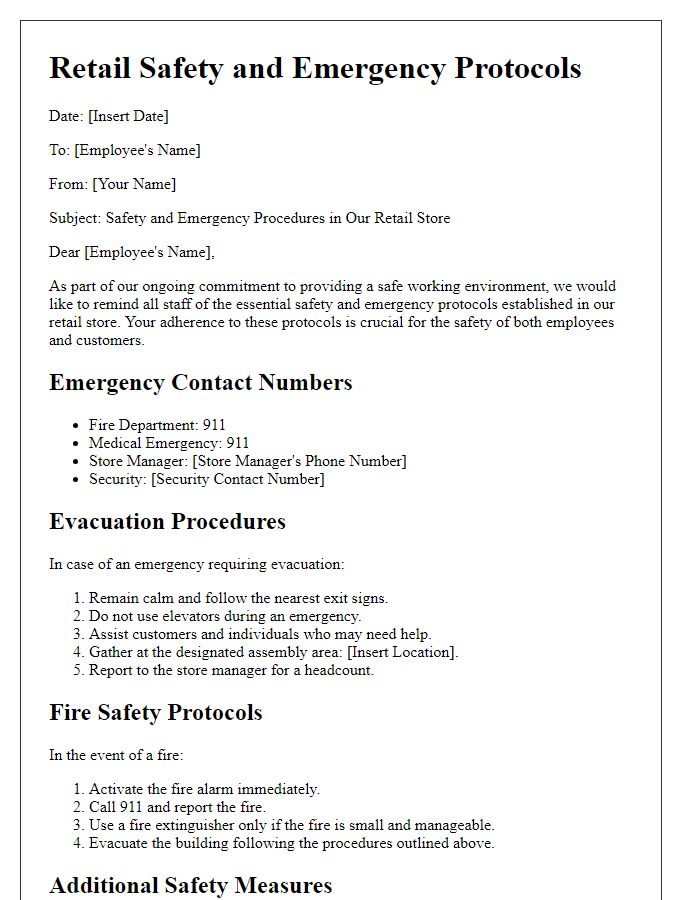 Letter template of retail safety and emergency protocols