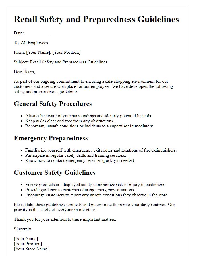 Letter template of retail safety and preparedness guidelines