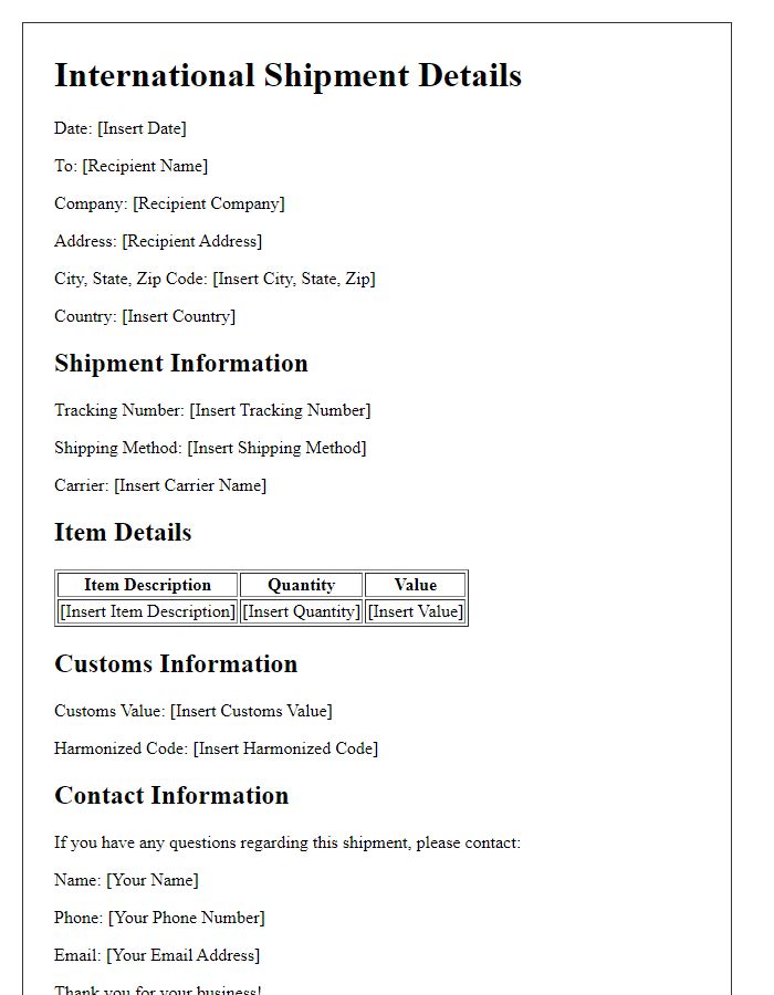 Letter template of retail international shipment details.