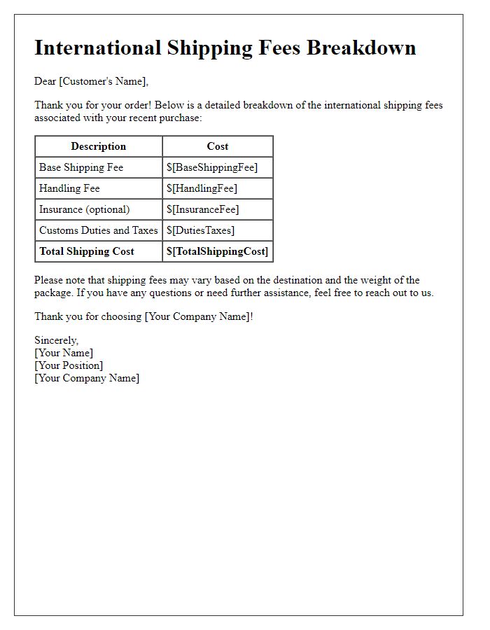 Letter template of retail international shipping fees breakdown.