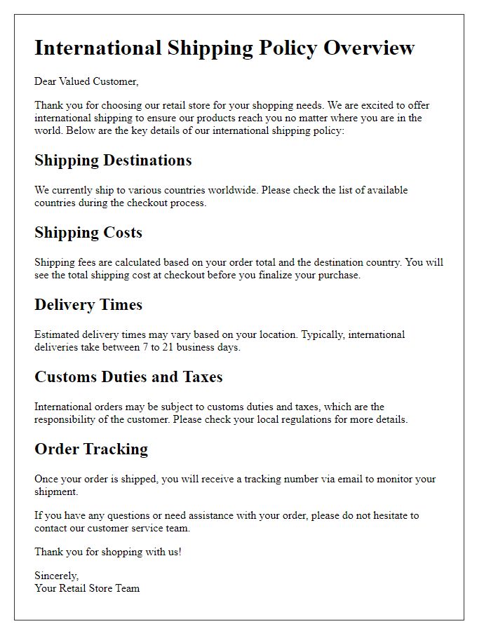 Letter template of retail international shipping policy overview.