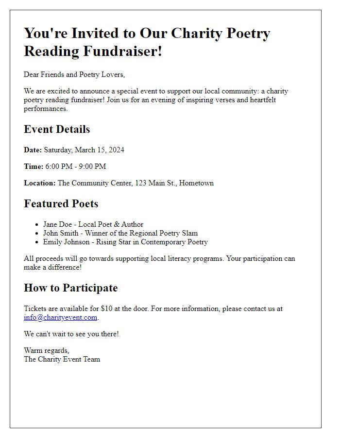 Letter template of announcement for a charity poetry reading fundraiser.