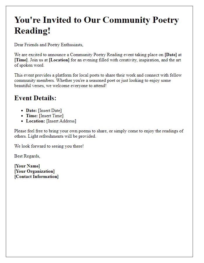 Letter template of announcement for a community poetry reading event.