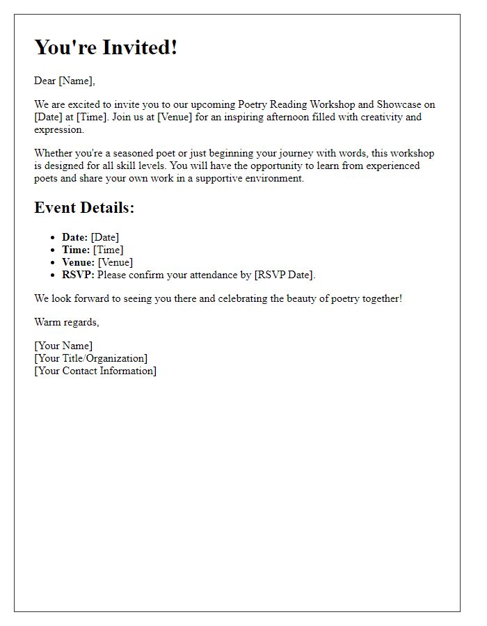 Letter template of invitation for a poetry reading workshop and showcase.