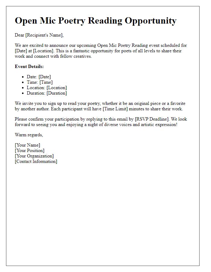 Letter template of notice for an open mic poetry reading opportunity.