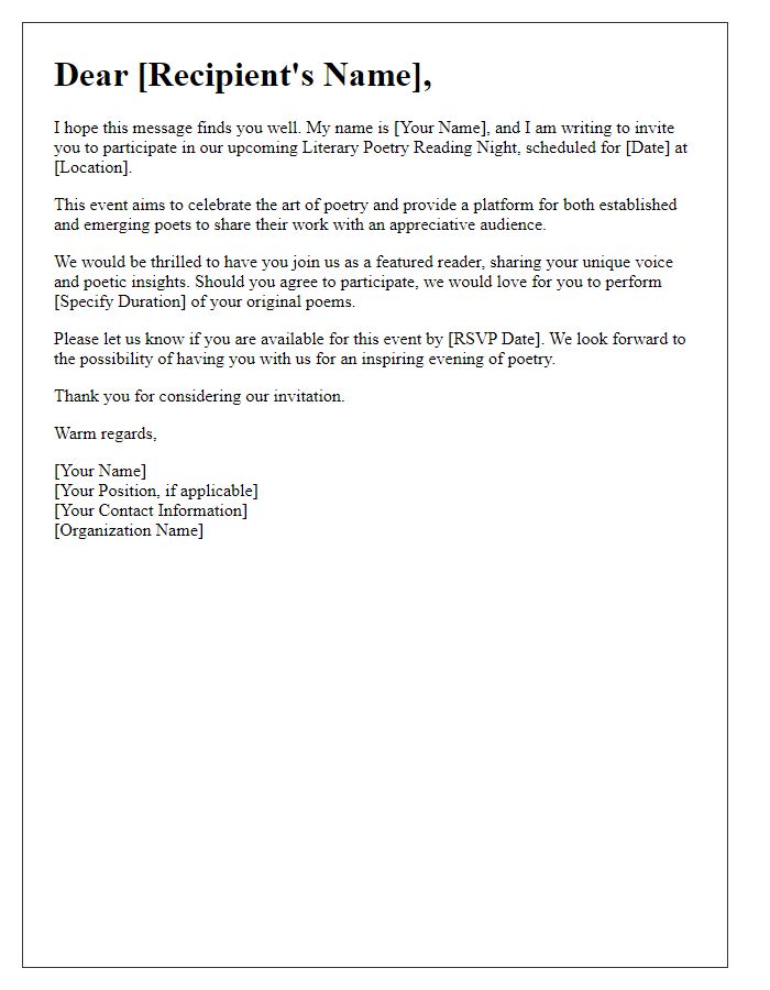 Letter template of request for participation in a literary poetry reading night.