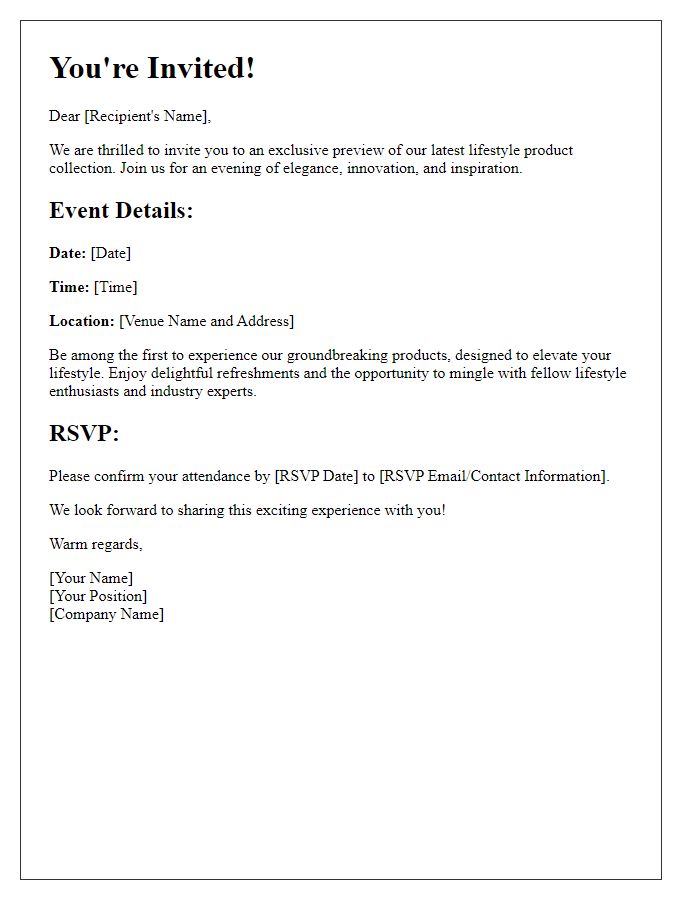 Letter template of exclusive preview invitation for lifestyle product showcase.