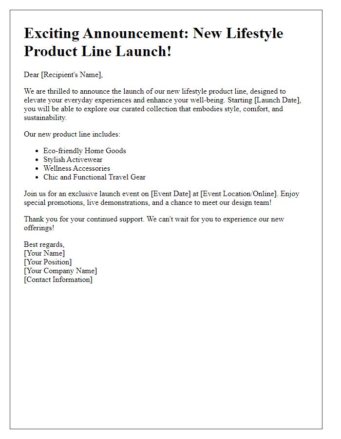 Letter template of launch notification for new lifestyle product line.