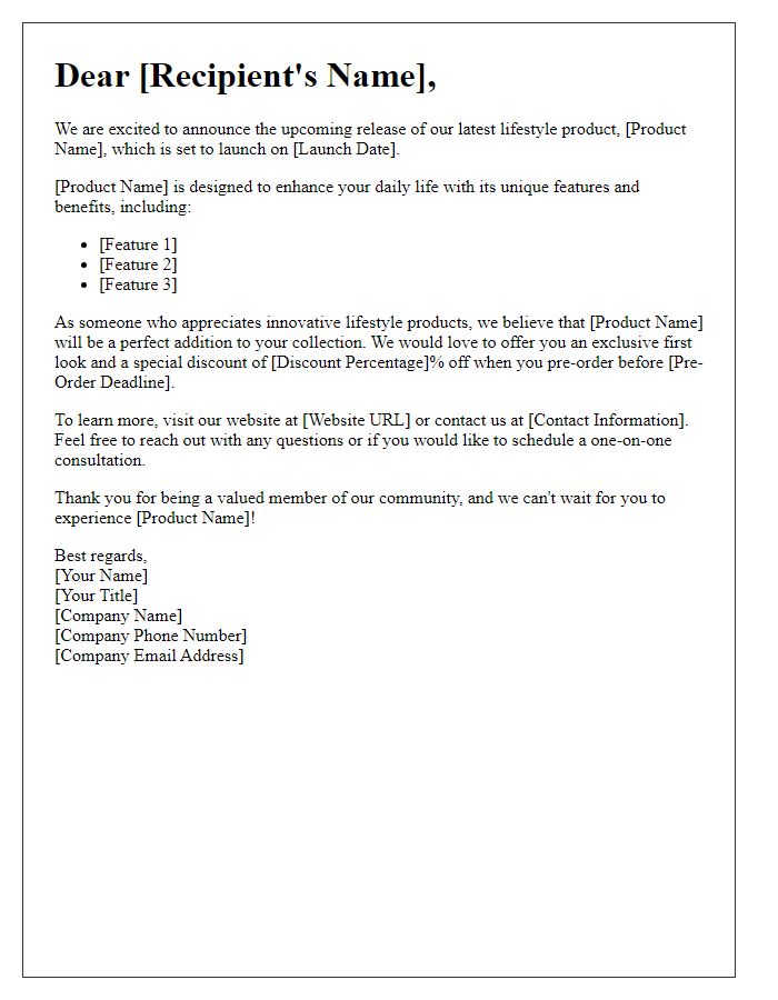 Letter template of marketing outreach for upcoming lifestyle product release.