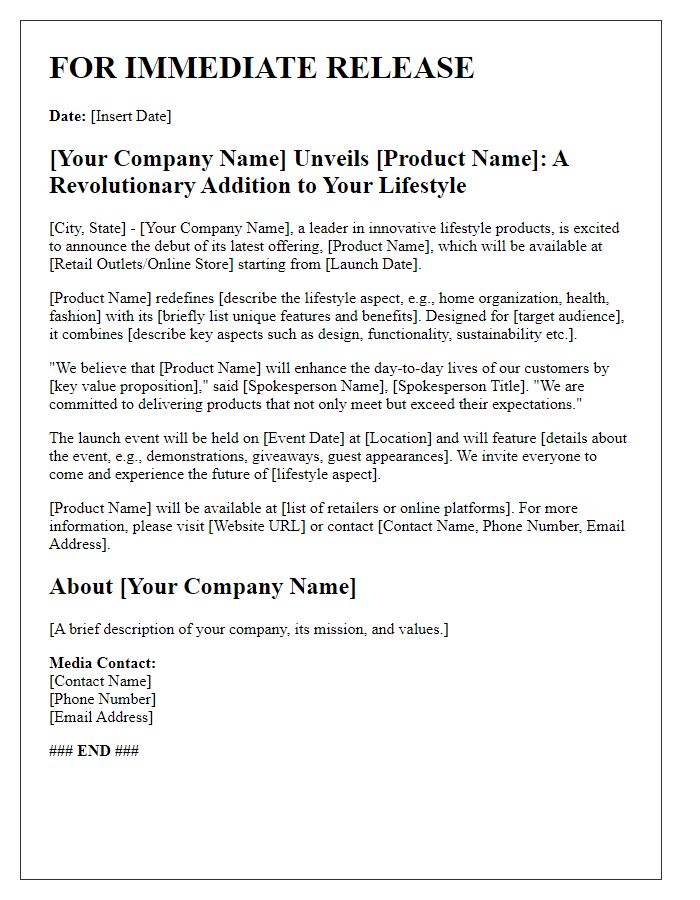 Letter template of press release for lifestyle product debut in retail.