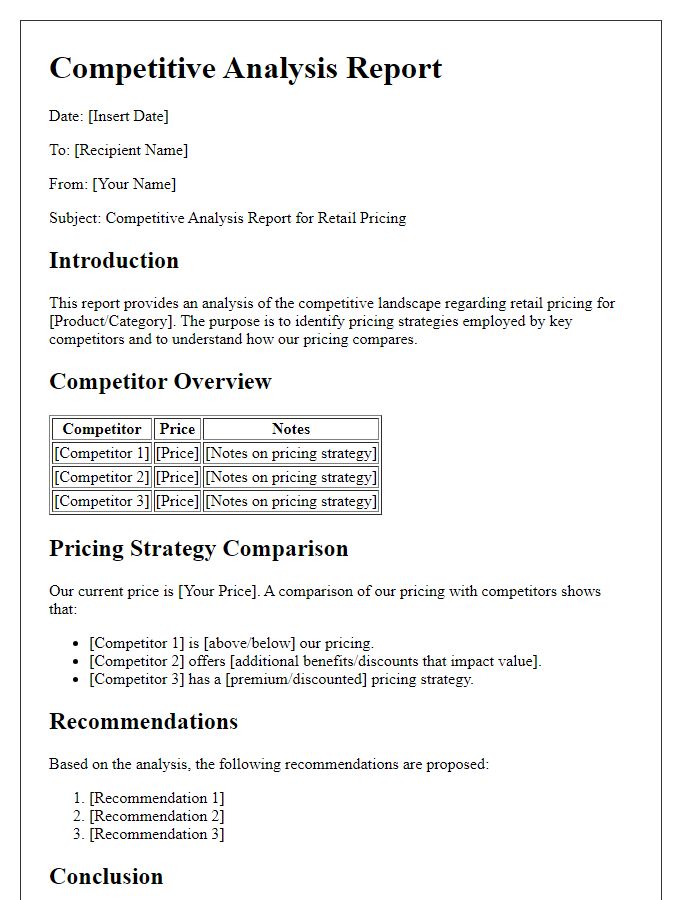 Letter template of Competitive Analysis Report for Retail Pricing