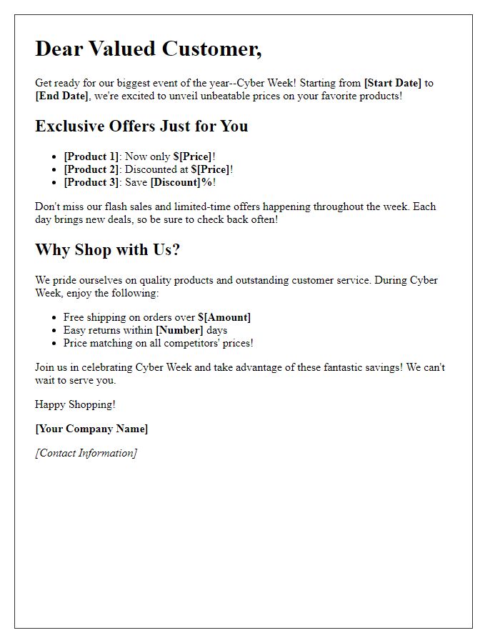 Letter template of Cyber Week Competitive Pricing Campaign for Retail