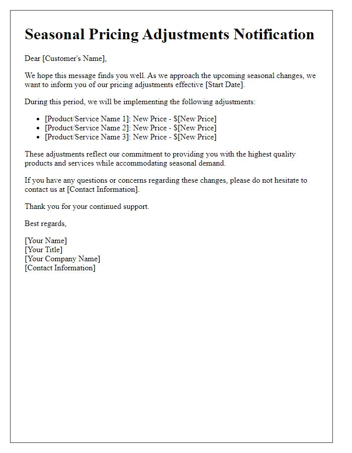 Letter template of Seasonal Pricing Adjustments for Retail