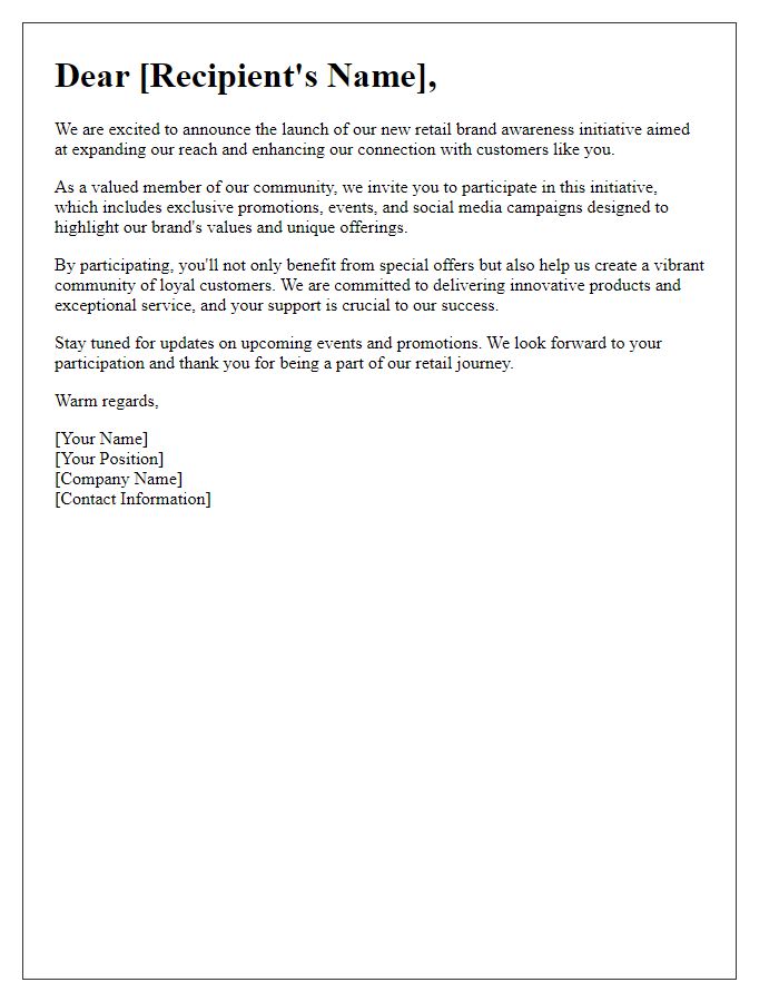 Letter template of retail brand awareness initiative