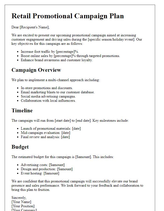 Letter template of retail promotional campaign plan