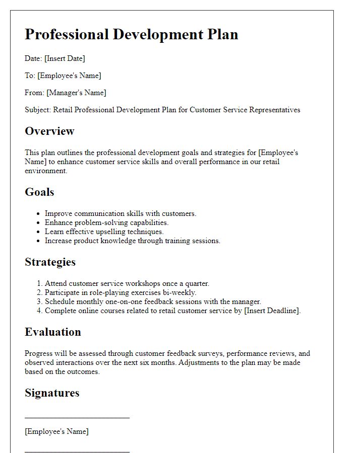 Letter template of retail professional development plan for customer service representatives.