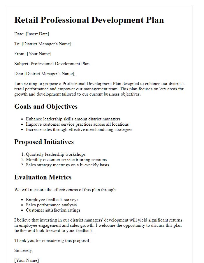 Letter template of retail professional development plan for district managers.