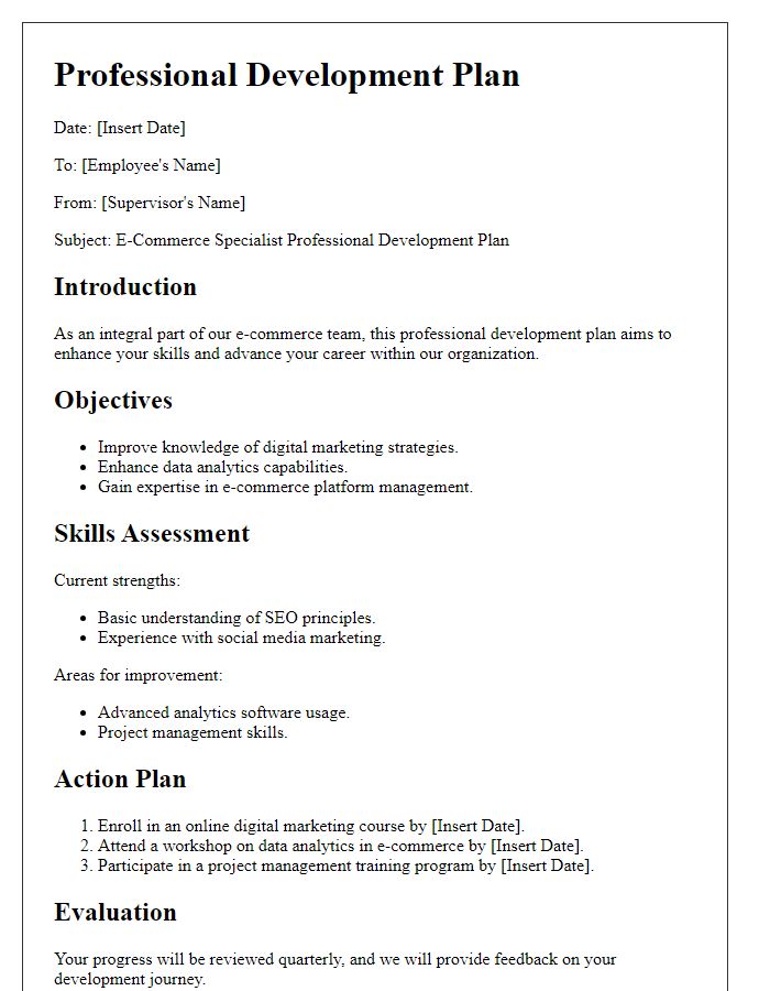 Letter template of retail professional development plan for e-commerce specialists.