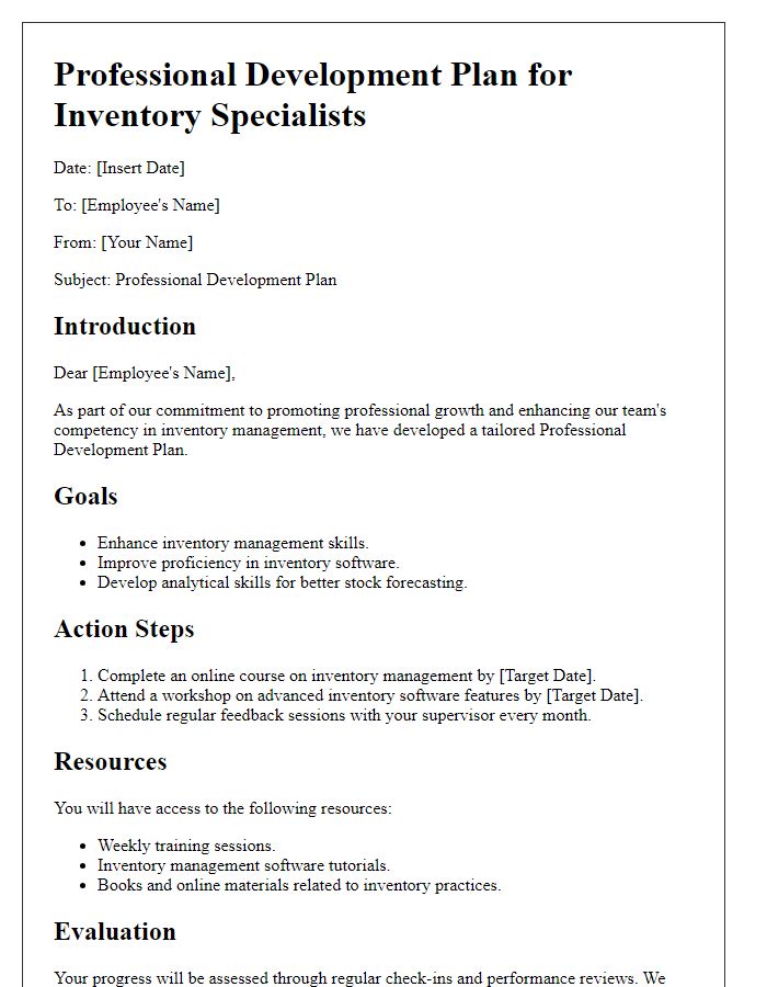 Letter template of retail professional development plan for inventory specialists.