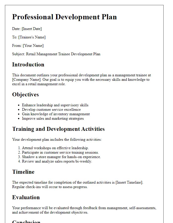 Letter template of retail professional development plan for management trainees.