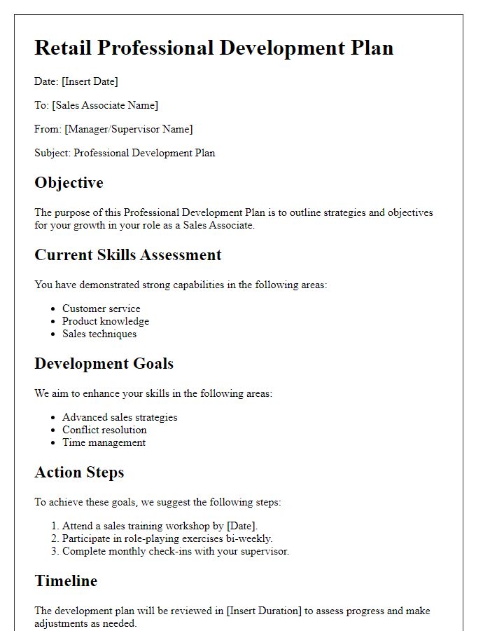 Letter template of retail professional development plan for sales associates.