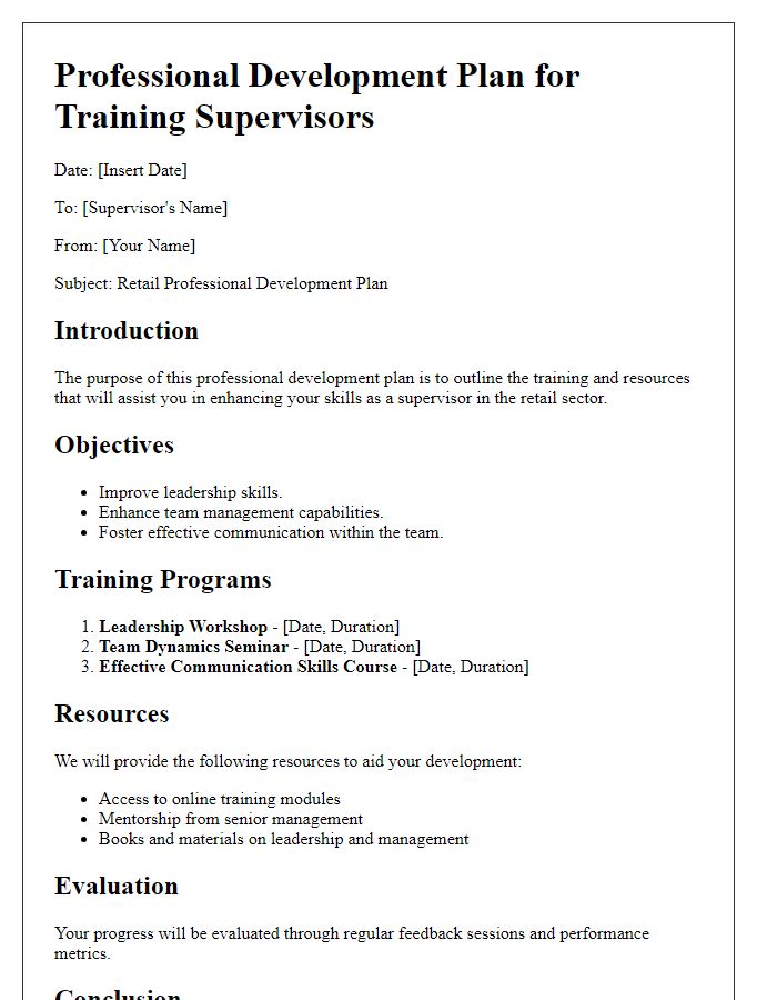 Letter template of retail professional development plan for training supervisors.