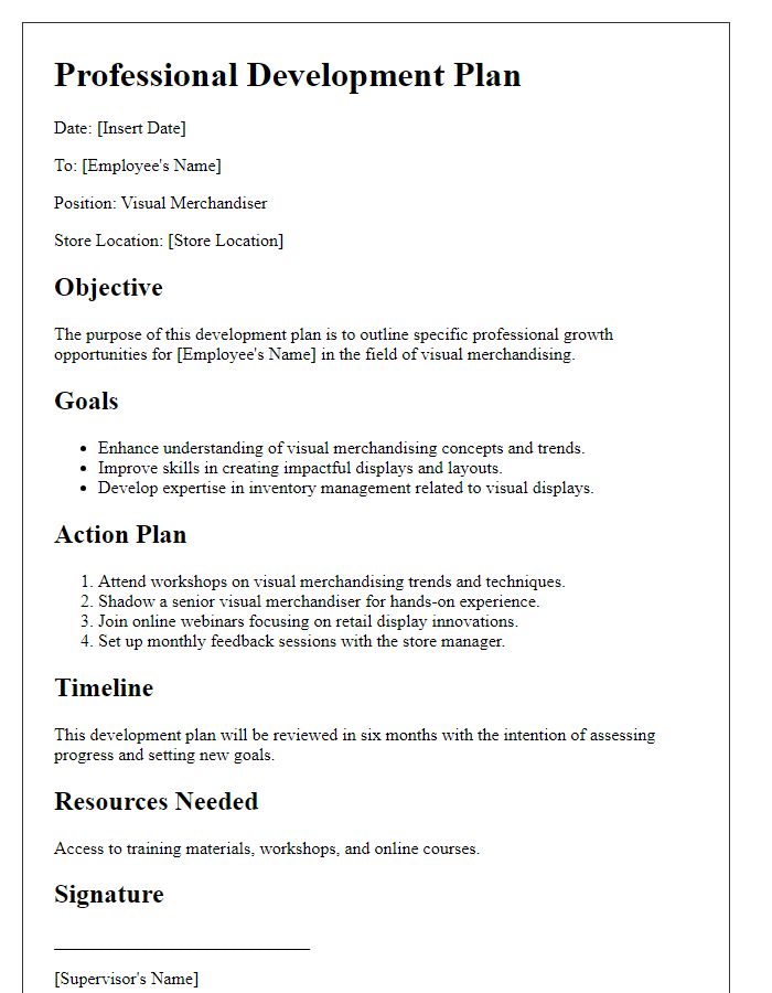 Letter template of retail professional development plan for visual merchandisers.