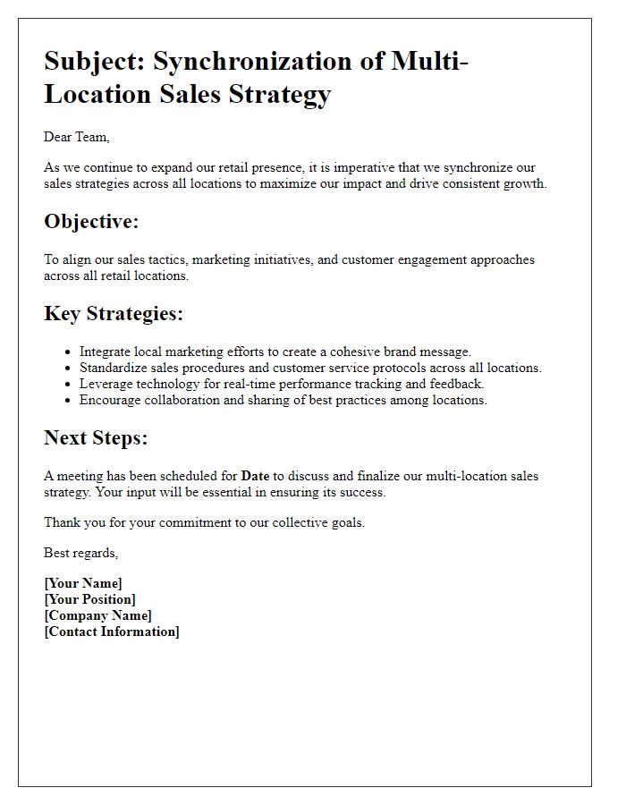 Letter template of retail multi-location sales strategy synchronization.