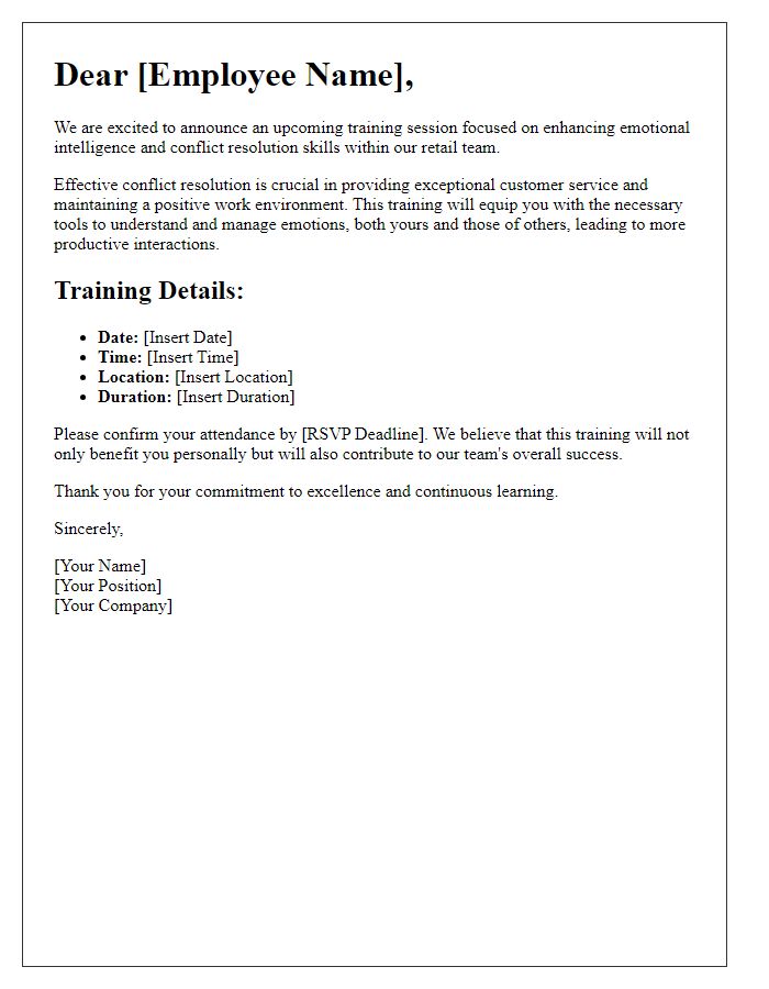 Letter template of retail emotional intelligence training for conflict resolution skills