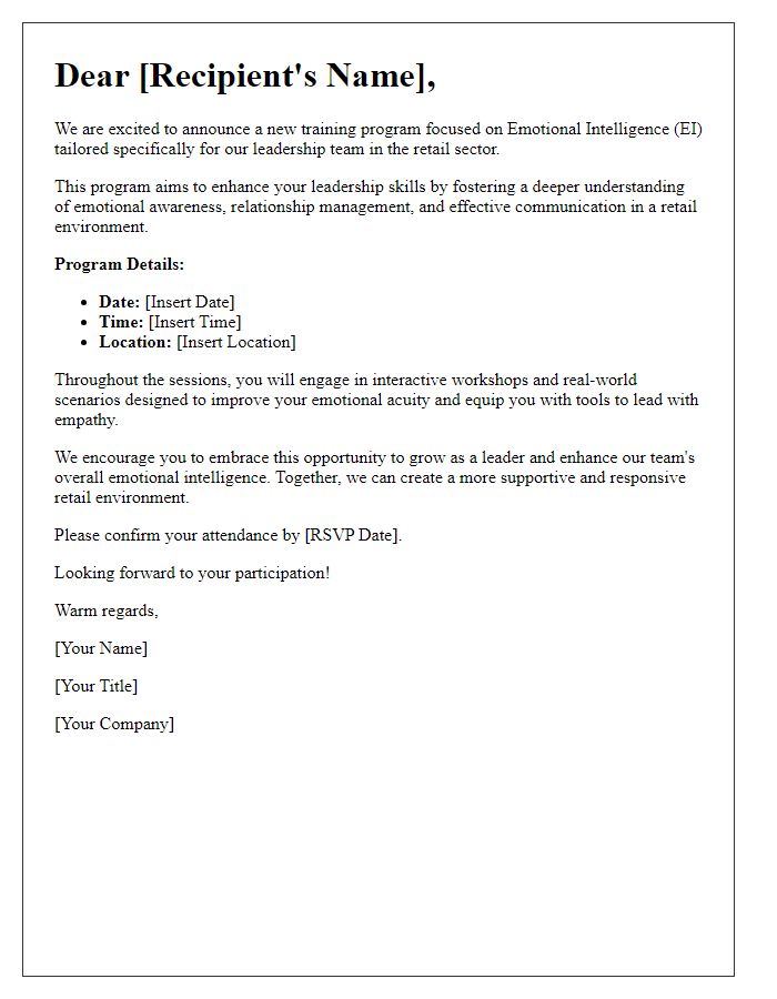 Letter template of retail emotional intelligence training for leadership development