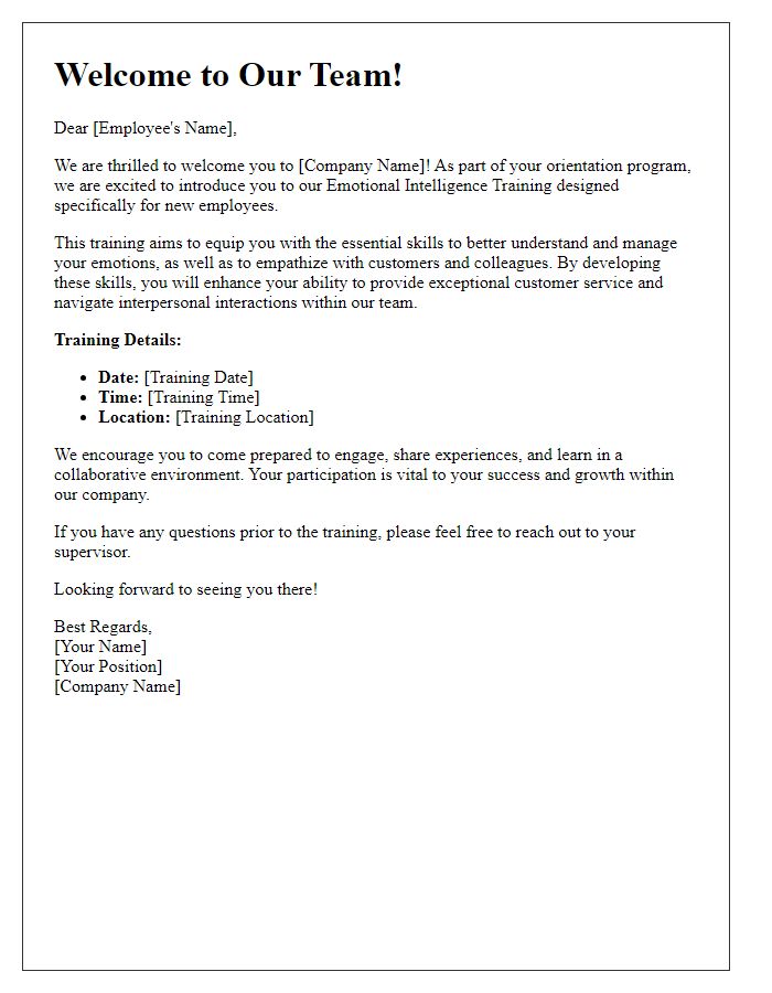 Letter template of retail emotional intelligence training for new employee orientation