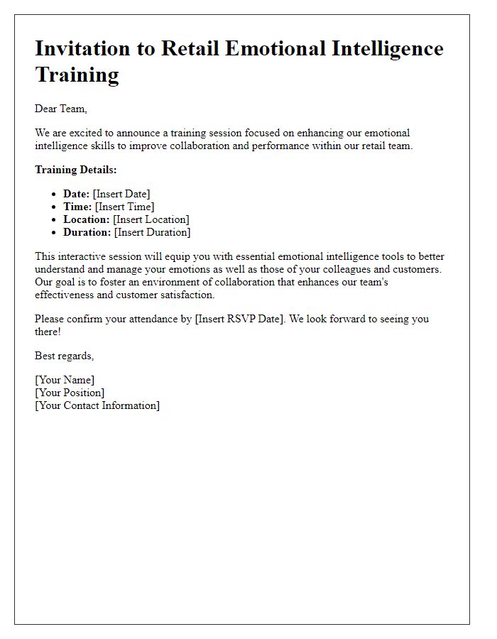 Letter template of retail emotional intelligence training for team collaboration improvement