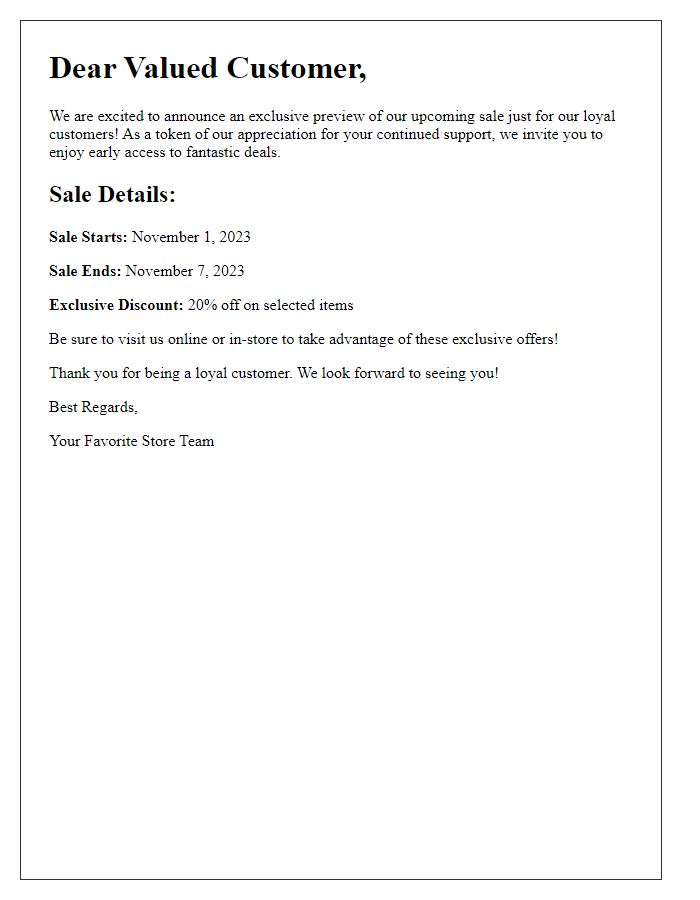 Letter template of upcoming sale preview for loyal customers