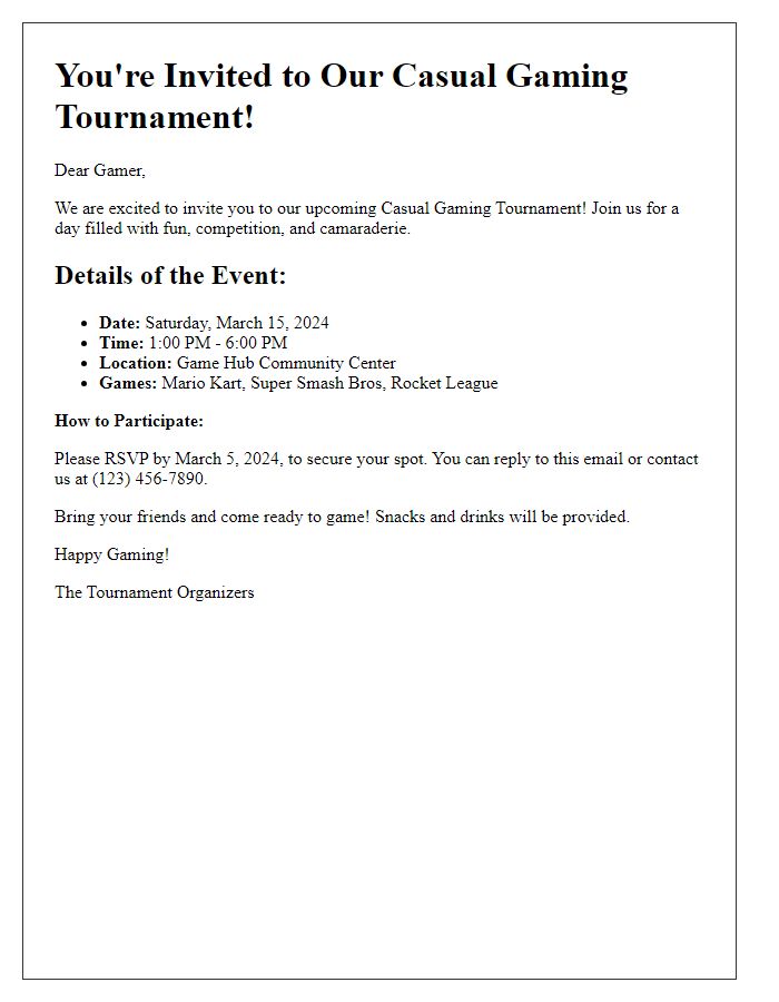 Letter template of gaming tournament invitation for casual gamers.