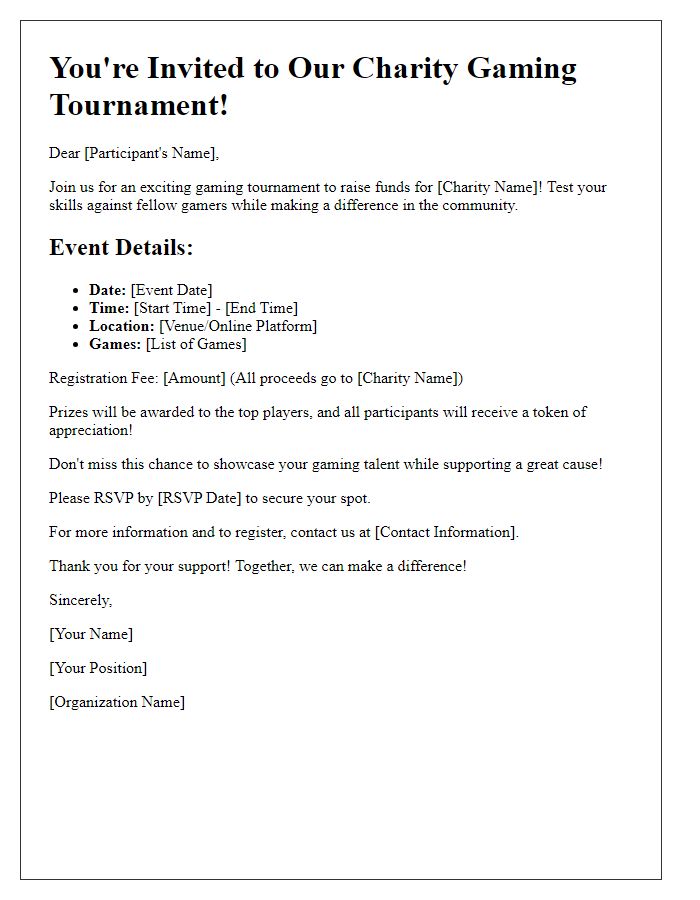 Letter template of gaming tournament invitation for charity purposes.