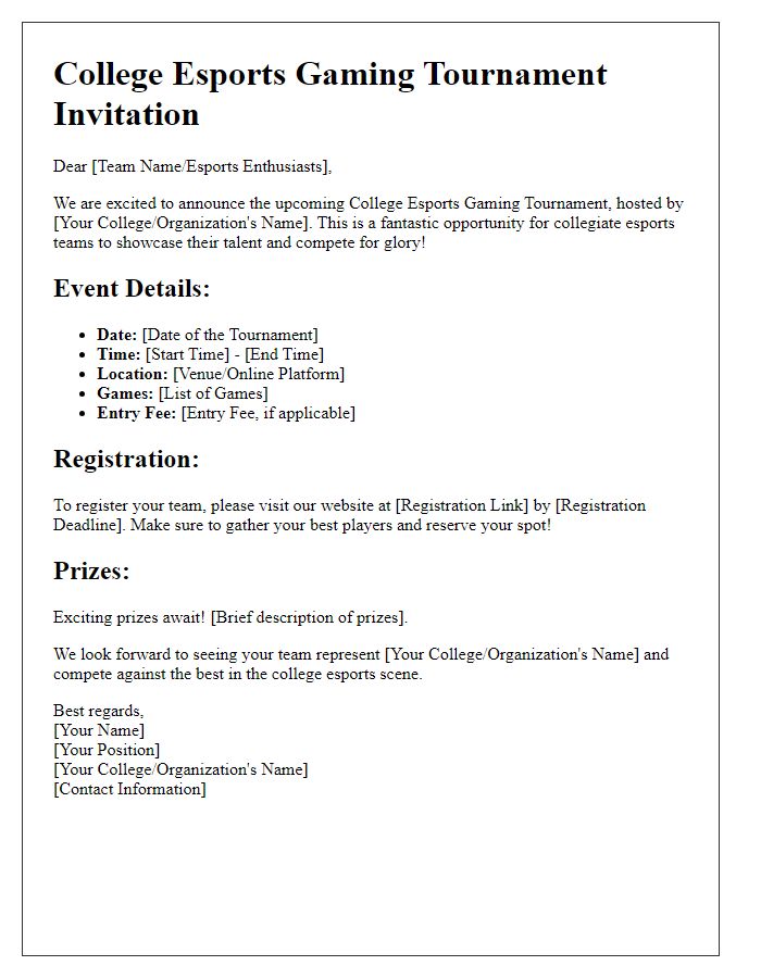 Letter template of gaming tournament invitation for college esports teams.