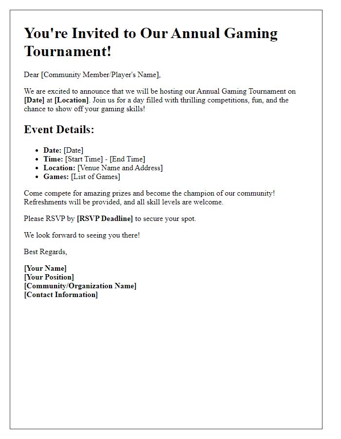 Letter template of gaming tournament invitation for community events.