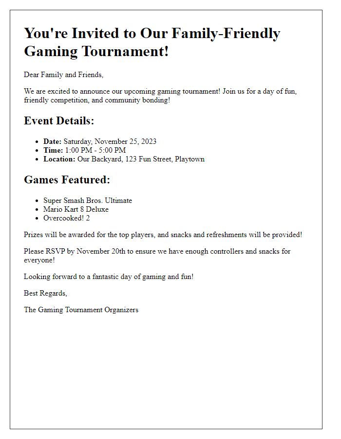 Letter template of gaming tournament invitation for family-friendly events.