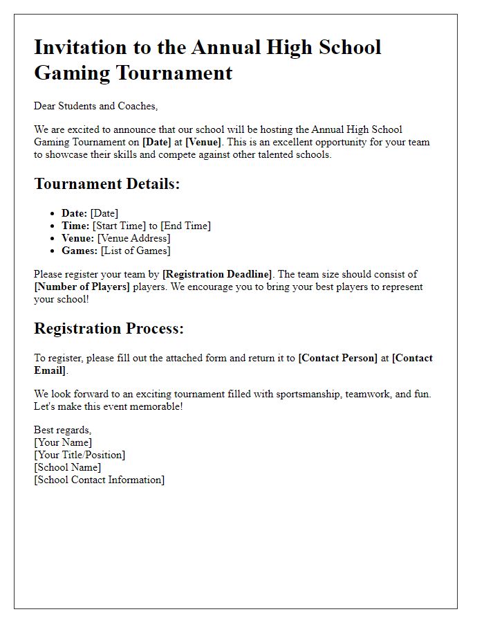 Letter template of gaming tournament invitation for high school teams.