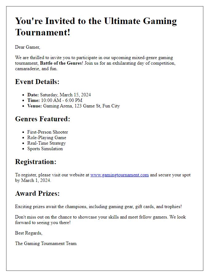 Letter template of gaming tournament invitation for mixed-genre competitions.